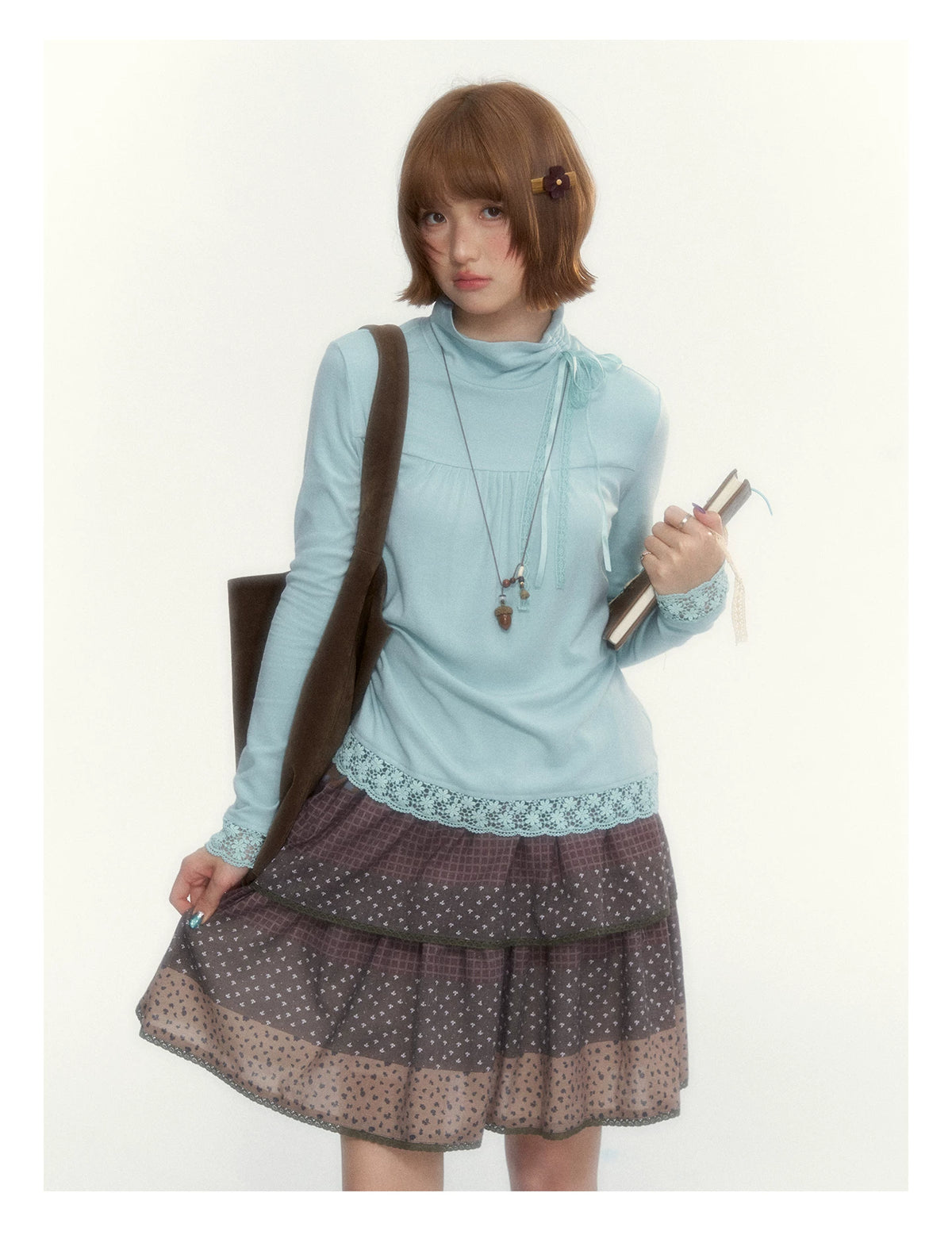 “Mint Milk Pudding” Mint Blue Lace-Trimmed Mock Neck Knit Top