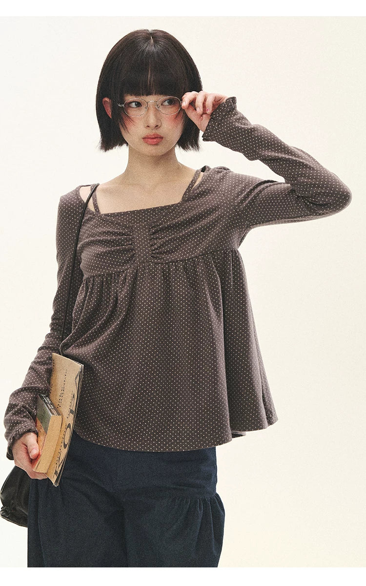 "Sweet Favorite" Polka Dot Faux-Layer Bow Knit Top (Gray Brown/ Blush Pink)