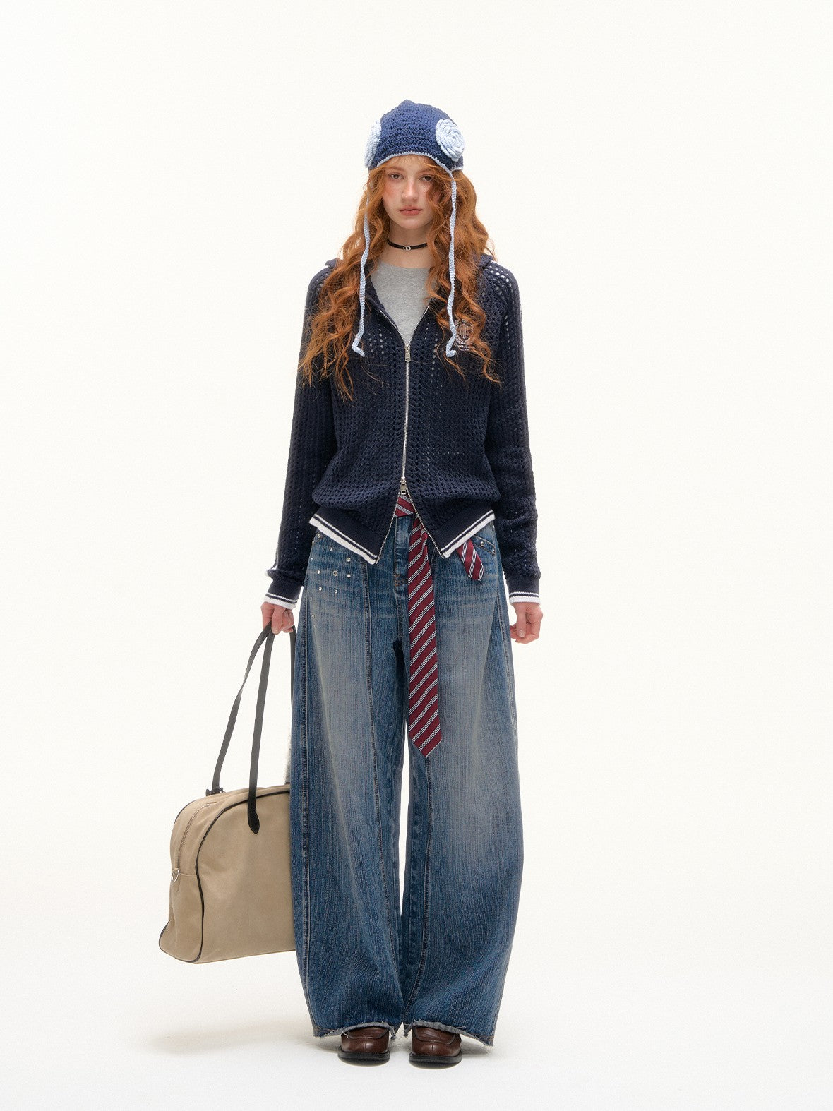 ASGONY - Varsity Crochet Knit Zip-Up Hoodie (Deep Navy)