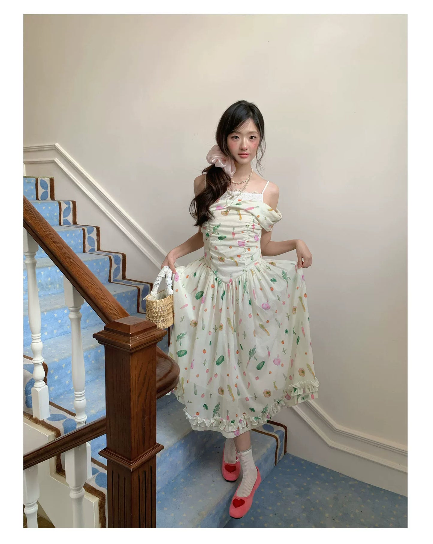 “Verdant Orchard Reverie” Beige Fruit Print Off-Shoulder Dress