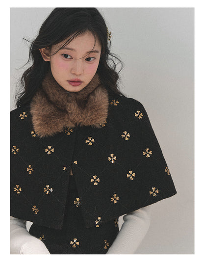 少也眼 “Snowy Night Waltz” French-Style Wool Dress with Detachable Fur Cape