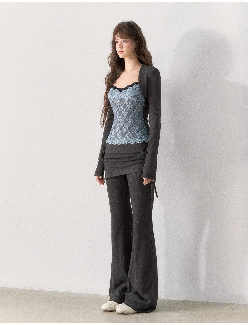 [TMMG] Lace-Trimmed Layered Knit Top & Flared Pants Set