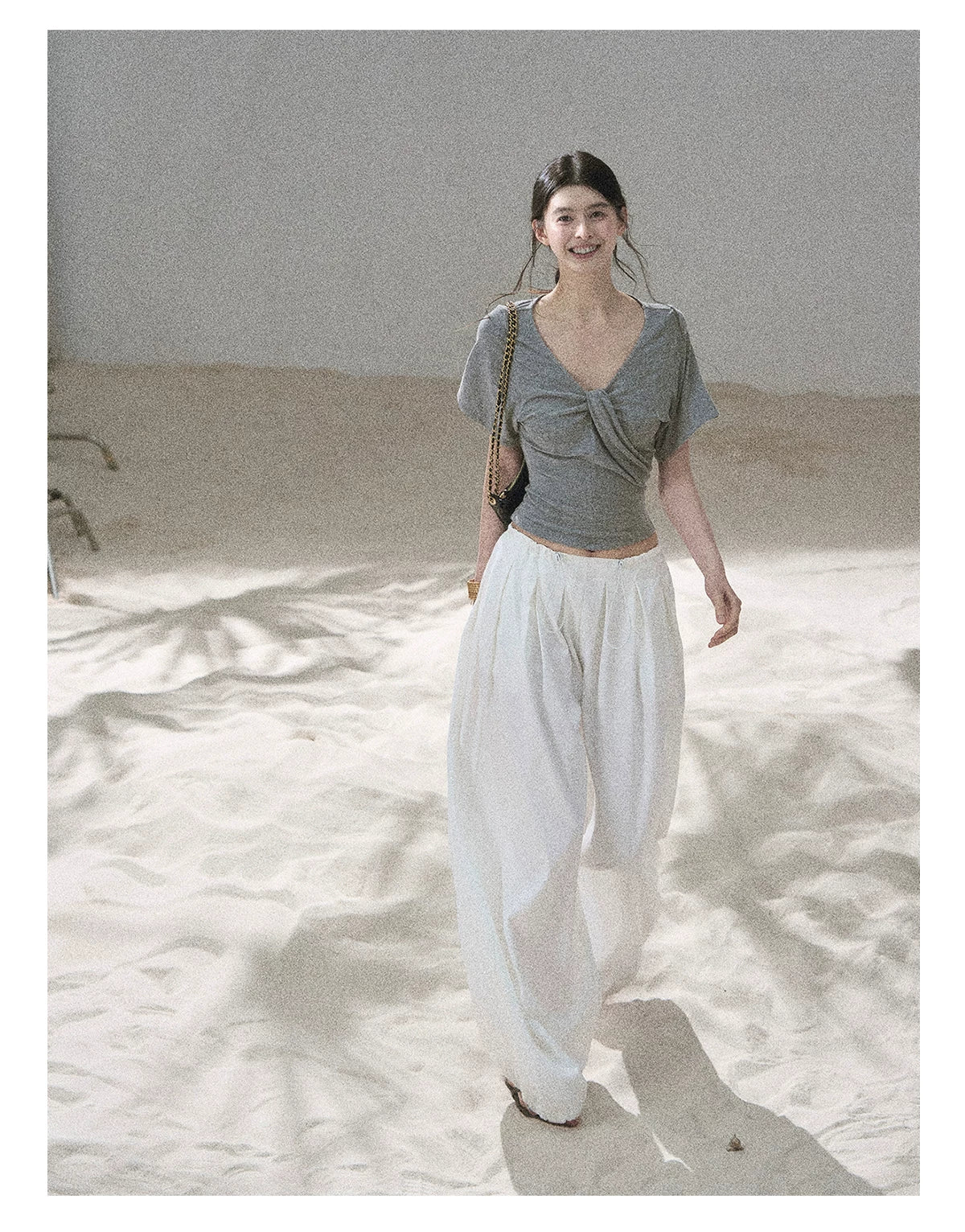 "Moonlight on Water" Twist-Front Cropped T-Shirt (Silver Mink Gray/ Mist Blue)