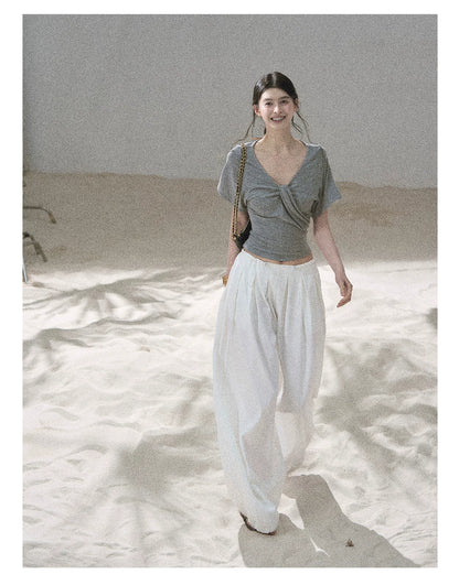 "Moonlight on Water" Twist-Front Cropped T-Shirt (Silver Mink Gray/ Mist Blue)