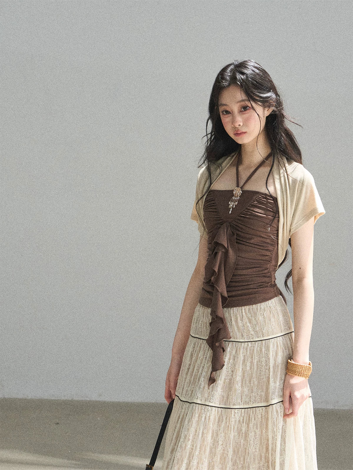 "In the Evening Breeze" Chestnut Brown Halter Ruched Top & Milk Tea Shrug Set