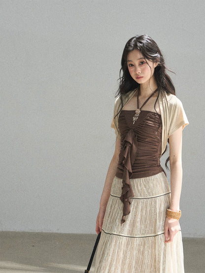 "In the Evening Breeze" Chestnut Brown Halter Ruched Top & Milk Tea Shrug Set