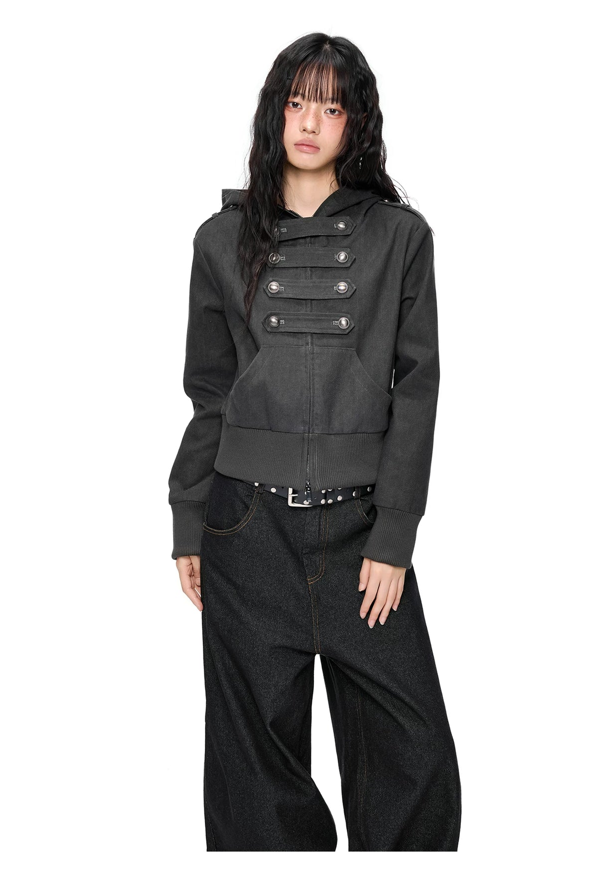 EZEK | Cropped Hooded Sweatshirt Jacket with Double Metal Snap Closure (Black / Gray)