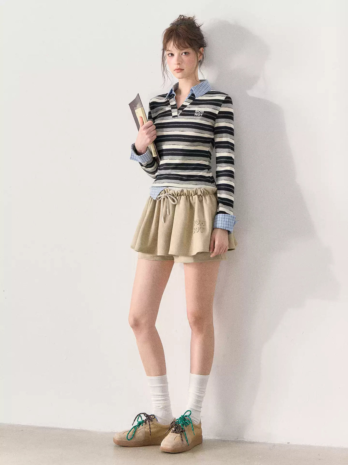 [TMMG] Miu-Inspired Striped Faux Two-Piece Long-Sleeve Polo Top