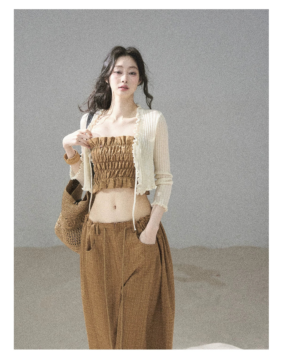 "Caramel Dusk" Ash Caramel Shirred Bandeau Top & Relaxed Pants Set