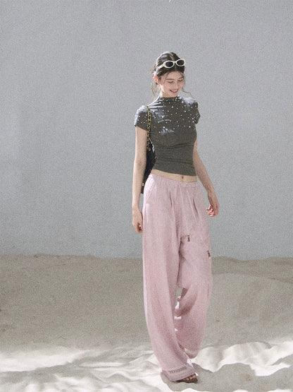 "Scattered Across the Milky Way" Pearl Beaded Knit T-Shirt (Haze Blue/ Sage Gray)