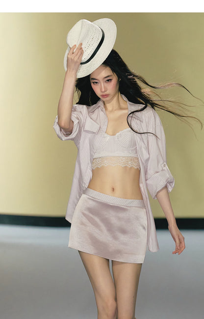 "Rosé Study Session" Pink Stripe Shirt, Lace Corset Cami & Champagne Skort Set