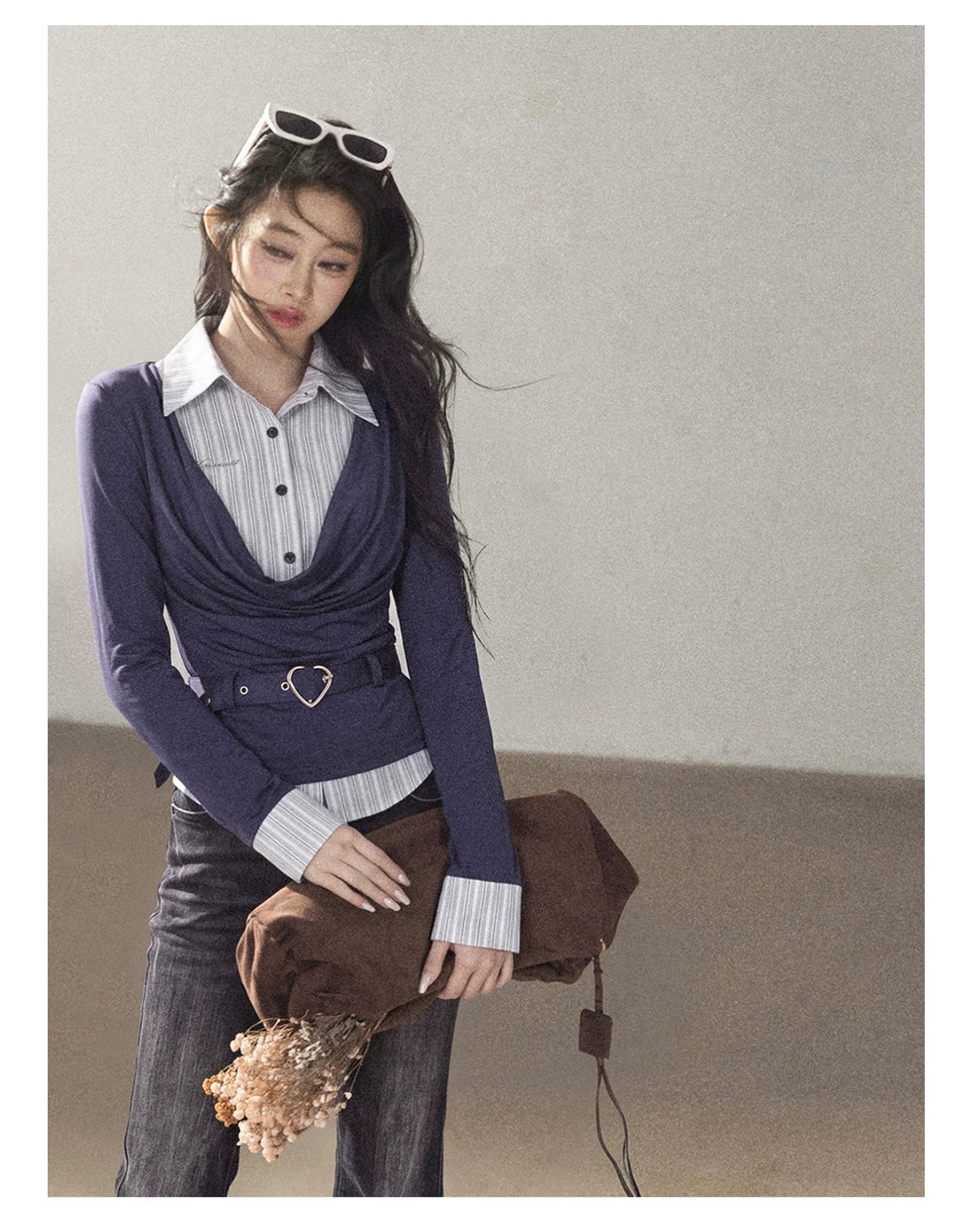 AOMALM - "Top of the Class" Navy & Black-Gray Striped Layered Long Sleeve Top (Navy / Black-Gray)