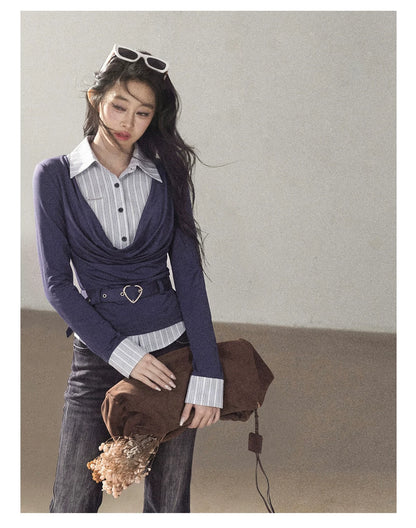 AOMALM - "Top of the Class" Navy & Black-Gray Striped Layered Long Sleeve Top (Navy / Black-Gray)