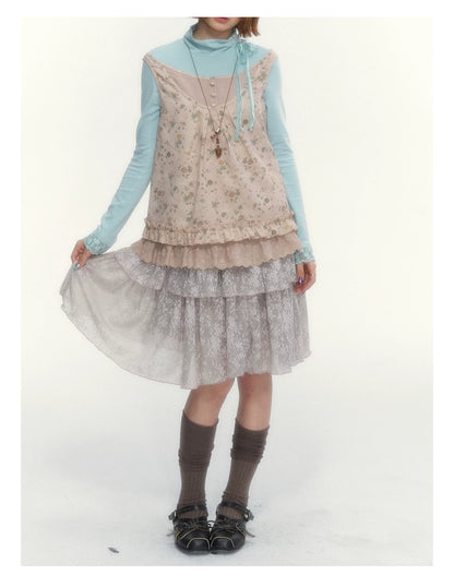 Misty Gray Pink Vintage Lace Tiered A-Line Skirt