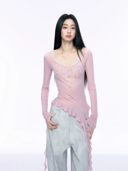 JN's DESIGN - Pink Lace Asymmetrical Top