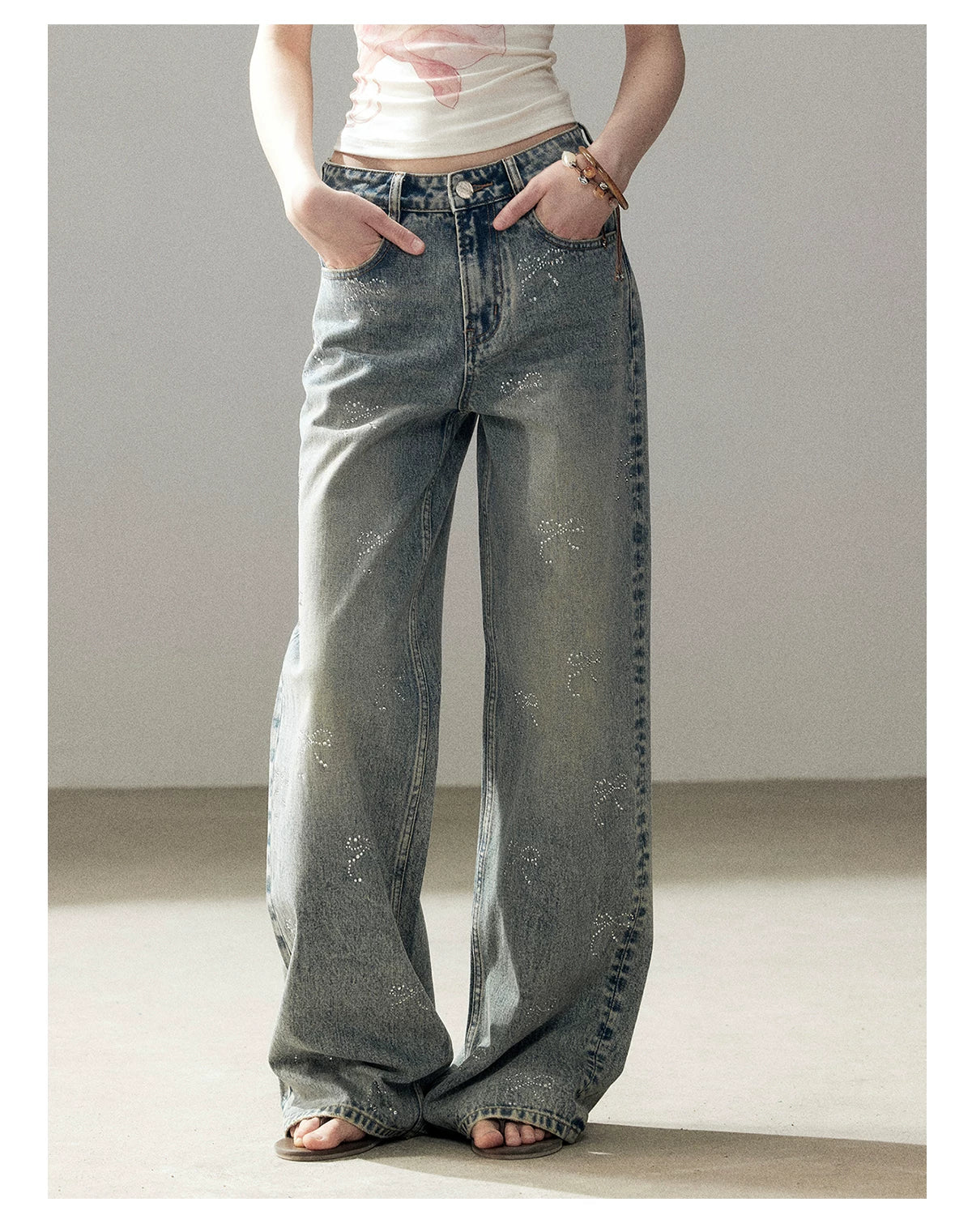 "Passing By the Sea" Vintage Blue Rhinestone Bow Wide-Leg Jeans