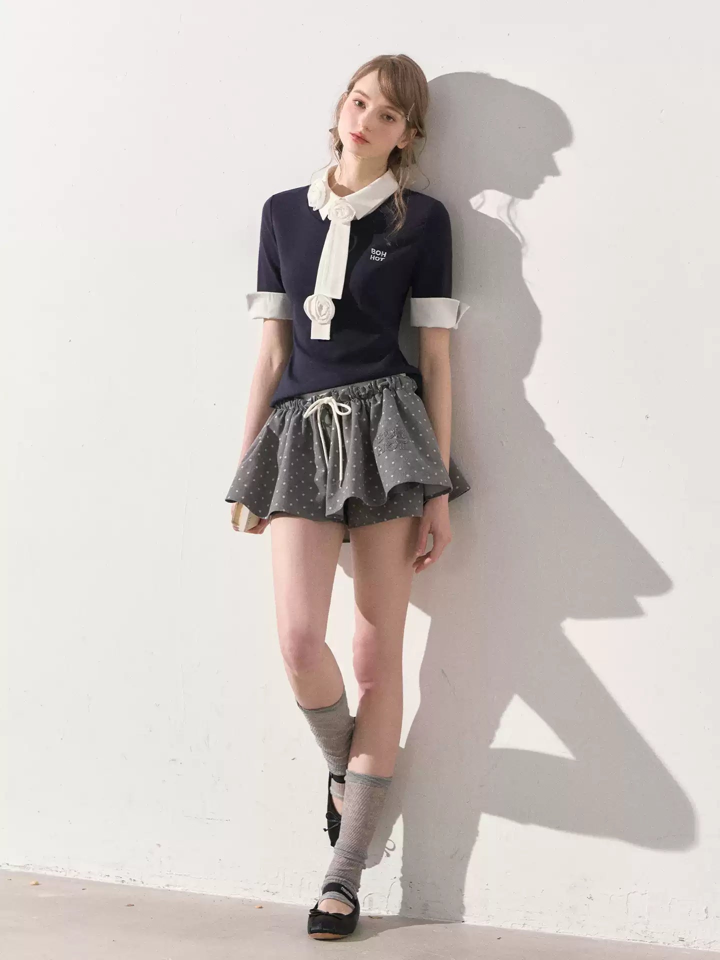 "Beyond the Classroom" Navy Layered Knit Top with Floral Tie