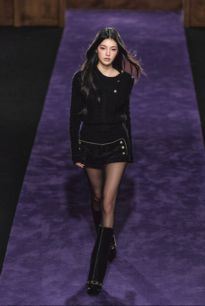 "Winter Hearth" Black Australian Wool Cable-Knit Mock Neck Sweater