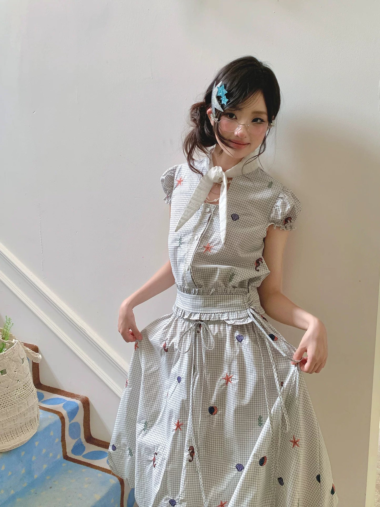 “Seaside Plaid Isle” Ocean Plaid Bubble Hem Dress