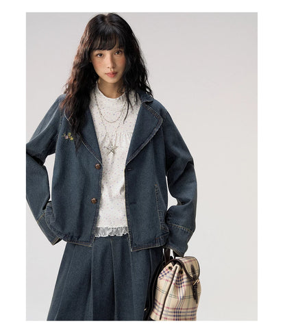 [CAN] "Wildflower Echoes" Vintage Indigo Denim Set (Jacket / Flared Pants / Midi Skirt)