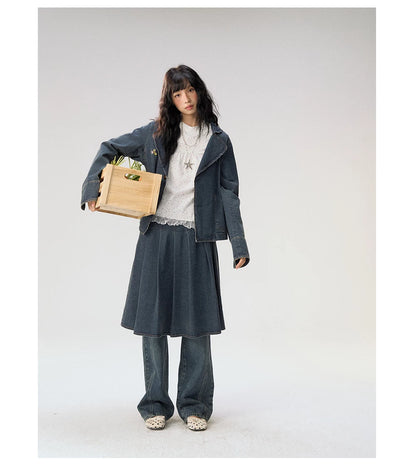 [CAN] "Wildflower Echoes" Vintage Indigo Denim Set (Jacket / Flared Pants / Midi Skirt)