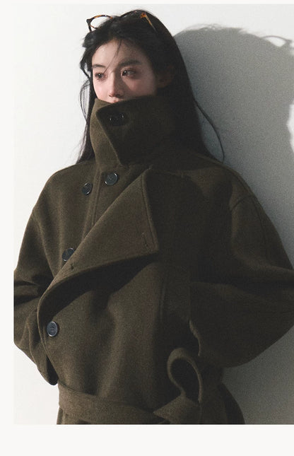 OAKMOO/ "The Flowers Are in Full Bloom" Jade Green Wool-Blend Short Belted Coat