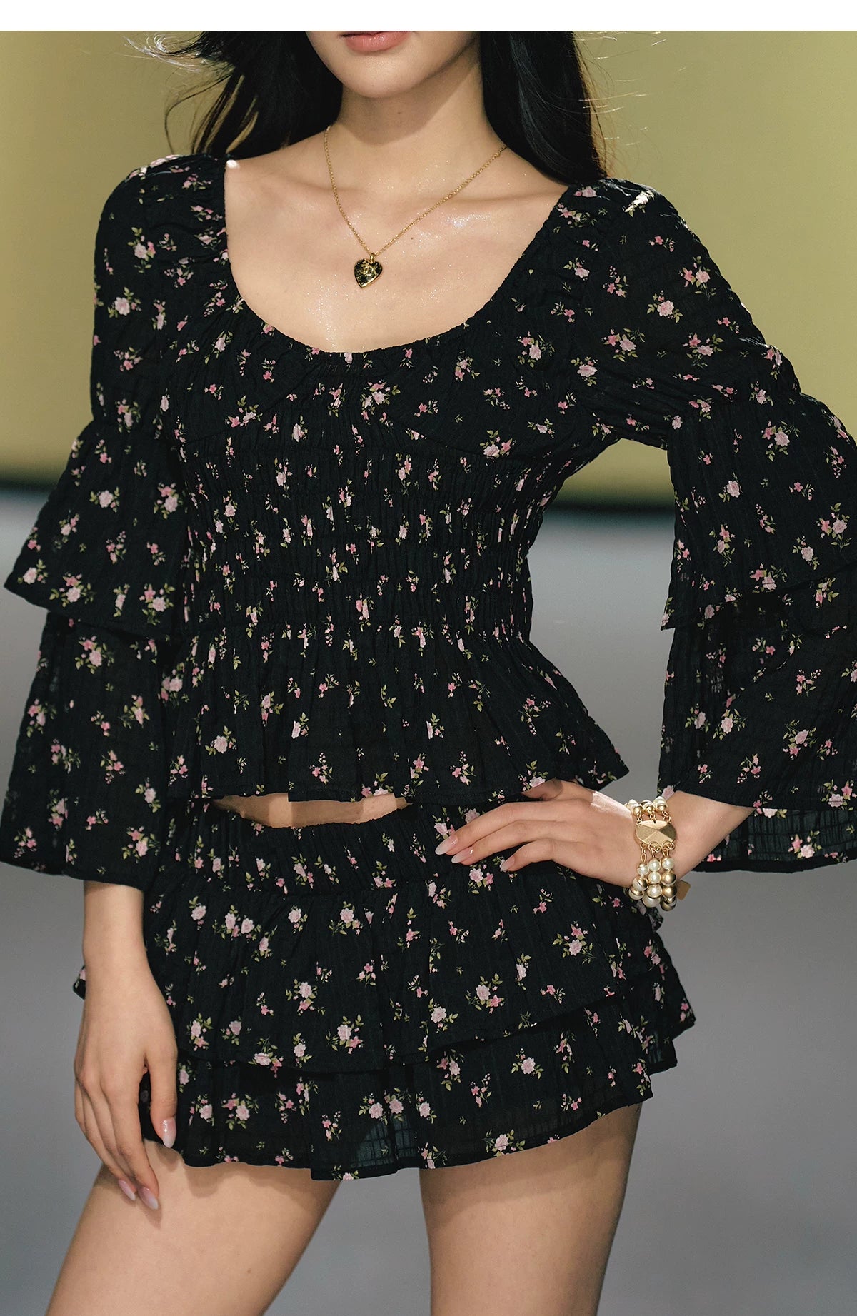 "Midnight Tea Garden" Black Floral Ruffle Blouse & Tiered Mini Skirt Set
