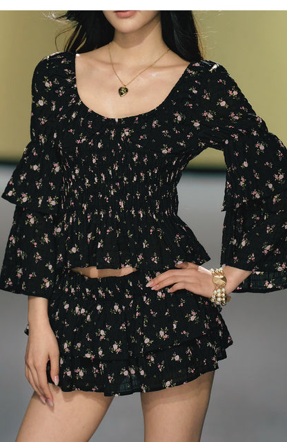 "Midnight Tea Garden" Black Floral Ruffle Blouse & Tiered Mini Skirt Set