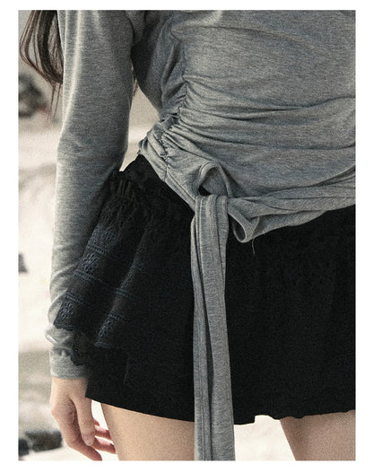 "Free Spirit" Moon Mist Gray Faux-Layer One-Shoulder Lace Top