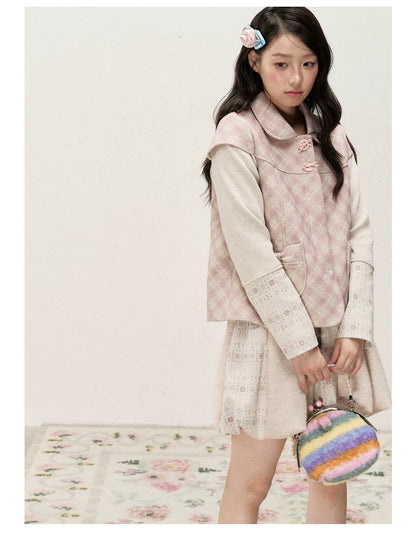 [RF] Pink Gingham Wool Blend Cropped Coat with Peter Pan Collar