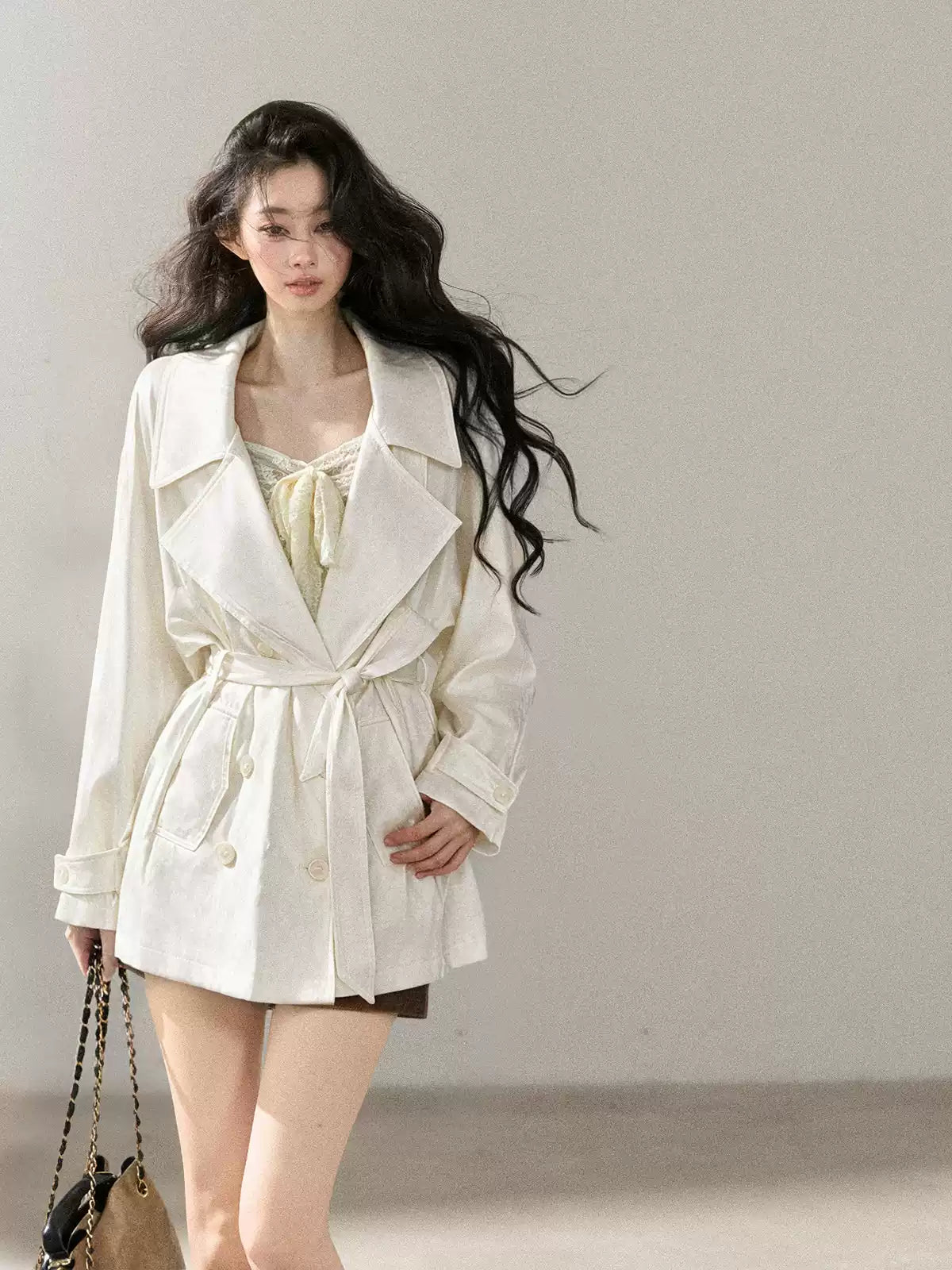 AOMALM - Ballet Pink Satin Cropped Trench Coat with Belt