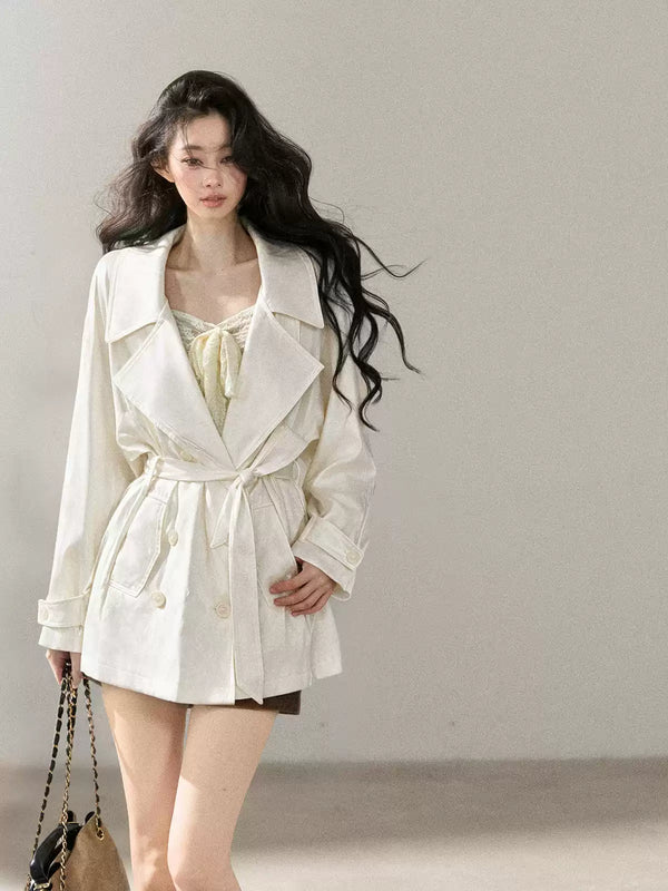 AOMALM - Ivory Beige Satin Cropped Trench Coat with Belt