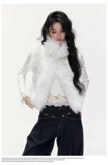 24olvides - Faux Suede Faux Shearling Vest with Pearl Buttons (White / Brown)