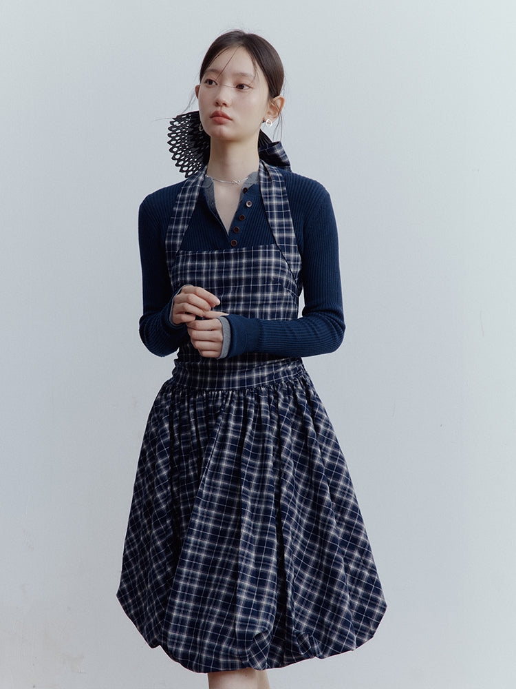 FUSSED Blue Mood Gathered Halter Dress – Dark Night Scottish Plaid FOF-25SS154