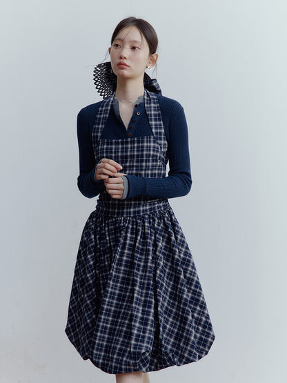 FUSSED Blue Mood Gathered Halter Dress – Dark Night Scottish Plaid FOF-25SS154