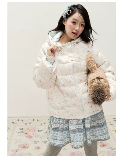 RF - Ivory Floral Print Cropped Hooded Down Jacket with Contrast Lining