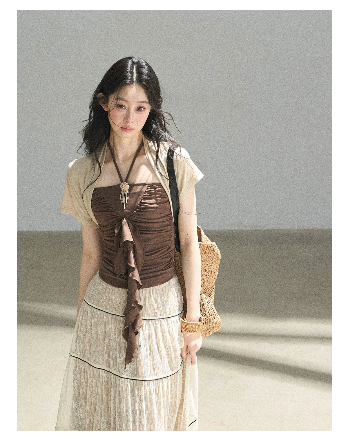 "In the Evening Breeze" Chestnut Brown Halter Ruched Top & Milk Tea Shrug Set
