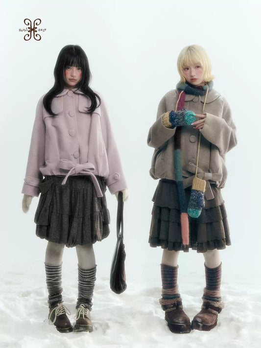 Short Cocoon Wool-Blend Coat (Taro Purple / Oatmeal Gray)