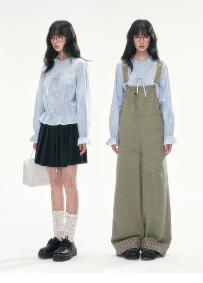 [CAN] Blue Plaid Lace-Trim Bow Tie Blouse