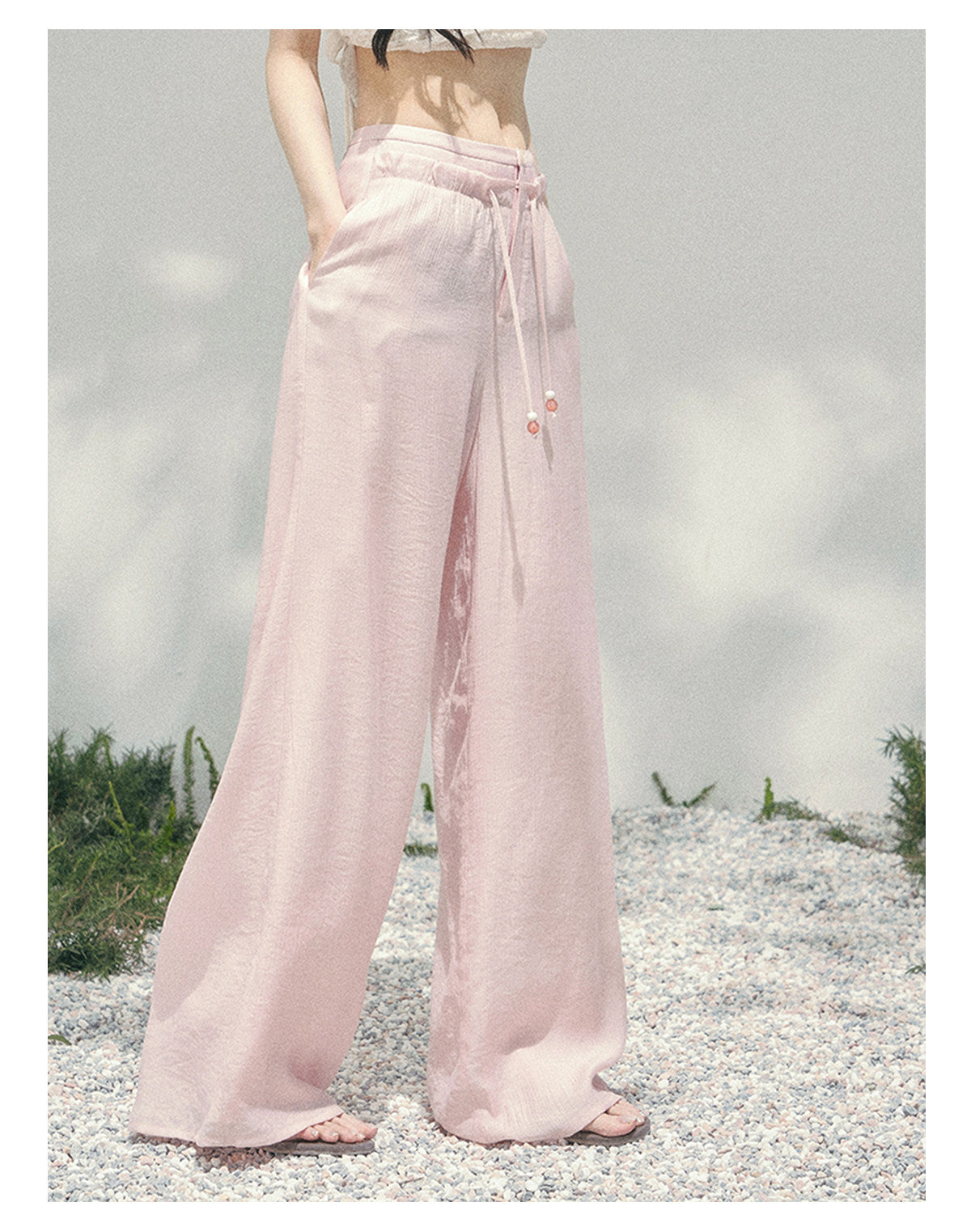少也眼 "Misty Walk Pants" Soft Mist Pink Wide-Leg Chiffon Pants 546566