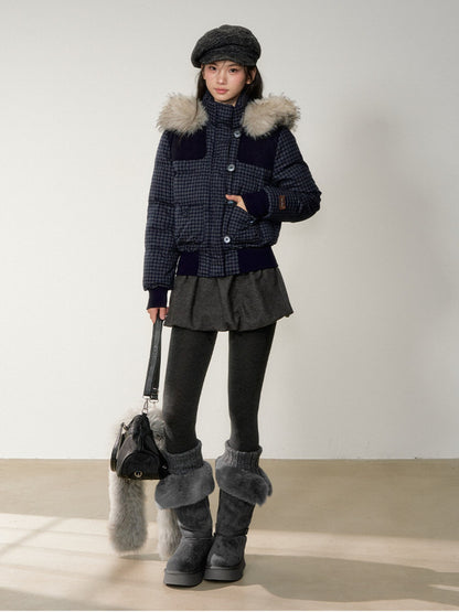Soote Season - Navy Plaid Faux Fur Collar Cropped Hooded Down Jacket