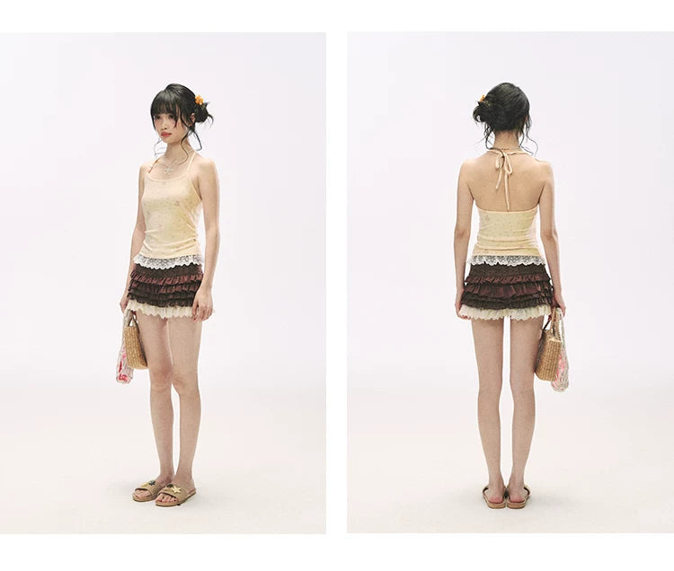 "Bear Cottage Holiday" Butter Yellow Lace Trim Bear Print Halter Knit Cami Top