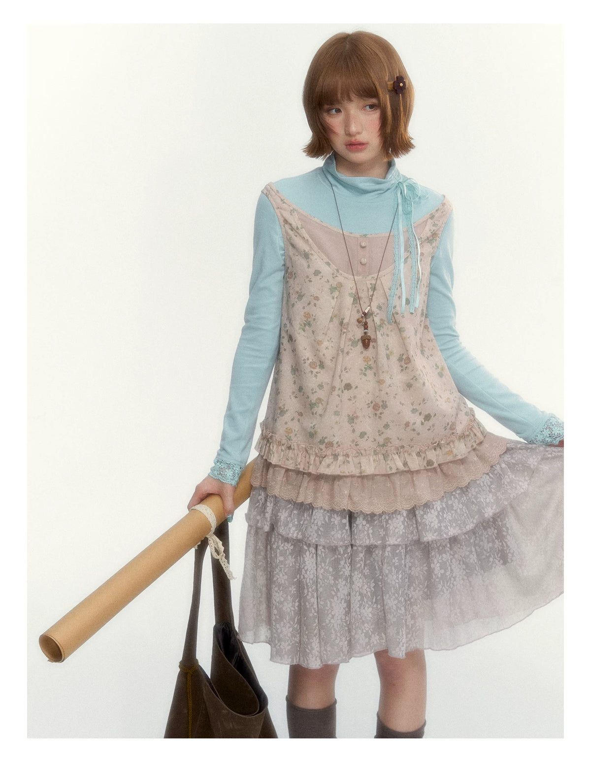 “Mint Milk Pudding” Mint Blue Lace-Trimmed Mock Neck Knit Top