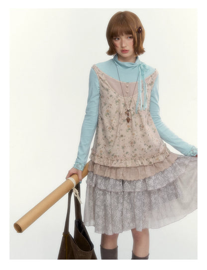 “Mint Milk Pudding” Mint Blue Lace-Trimmed Mock Neck Knit Top