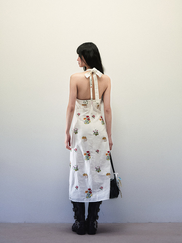 1P - “Don’t Know What To Do” Linen Bloom Embroidered Halter Dress