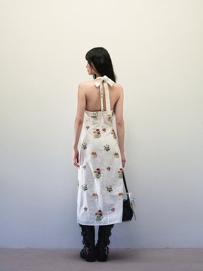 1P - “Don’t Know What To Do” Linen Bloom Embroidered Halter Dress