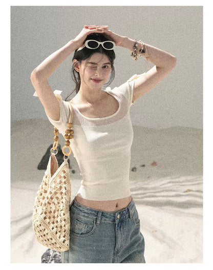 "Gentle Ocean Tide" Dutch Cream Cutout Knit Crop Top 75511