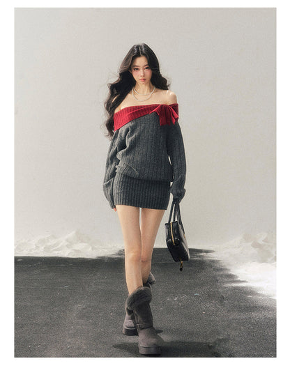 少也眼 "Snowbound Memories" Off-Shoulder Color-Block Knit Mini Dress