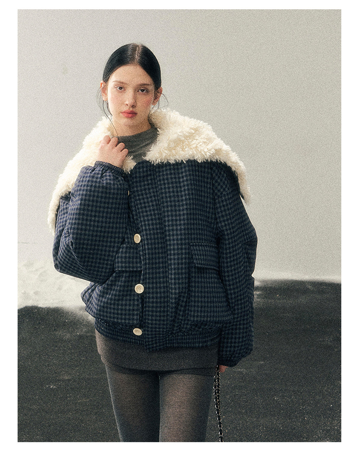 少也眼 “Silent Indigo” Academy Blue Quilted Wool-Collar Jacket