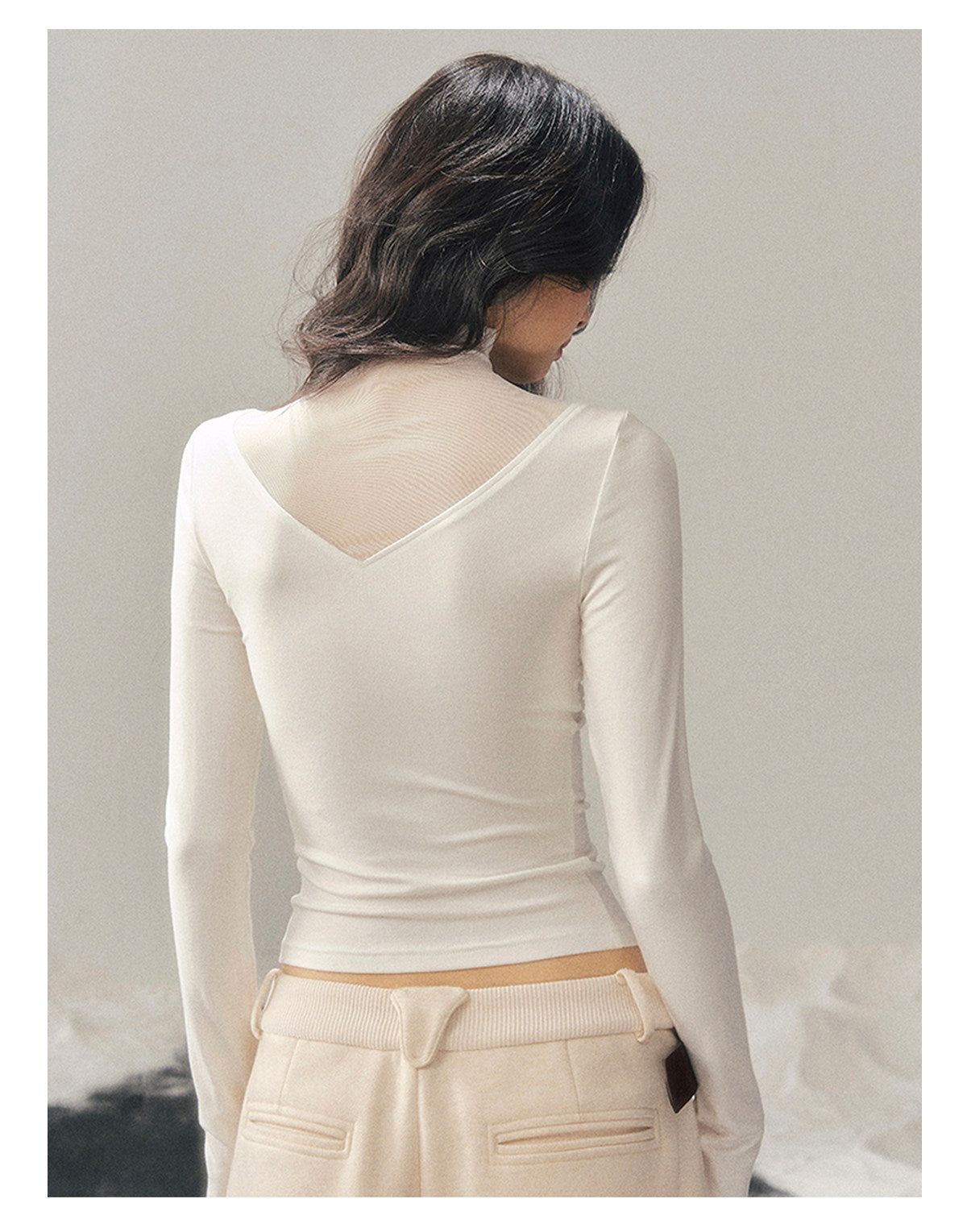 040126 “Vanishing Curve” Sheer Lace Turtleneck Base Top - White